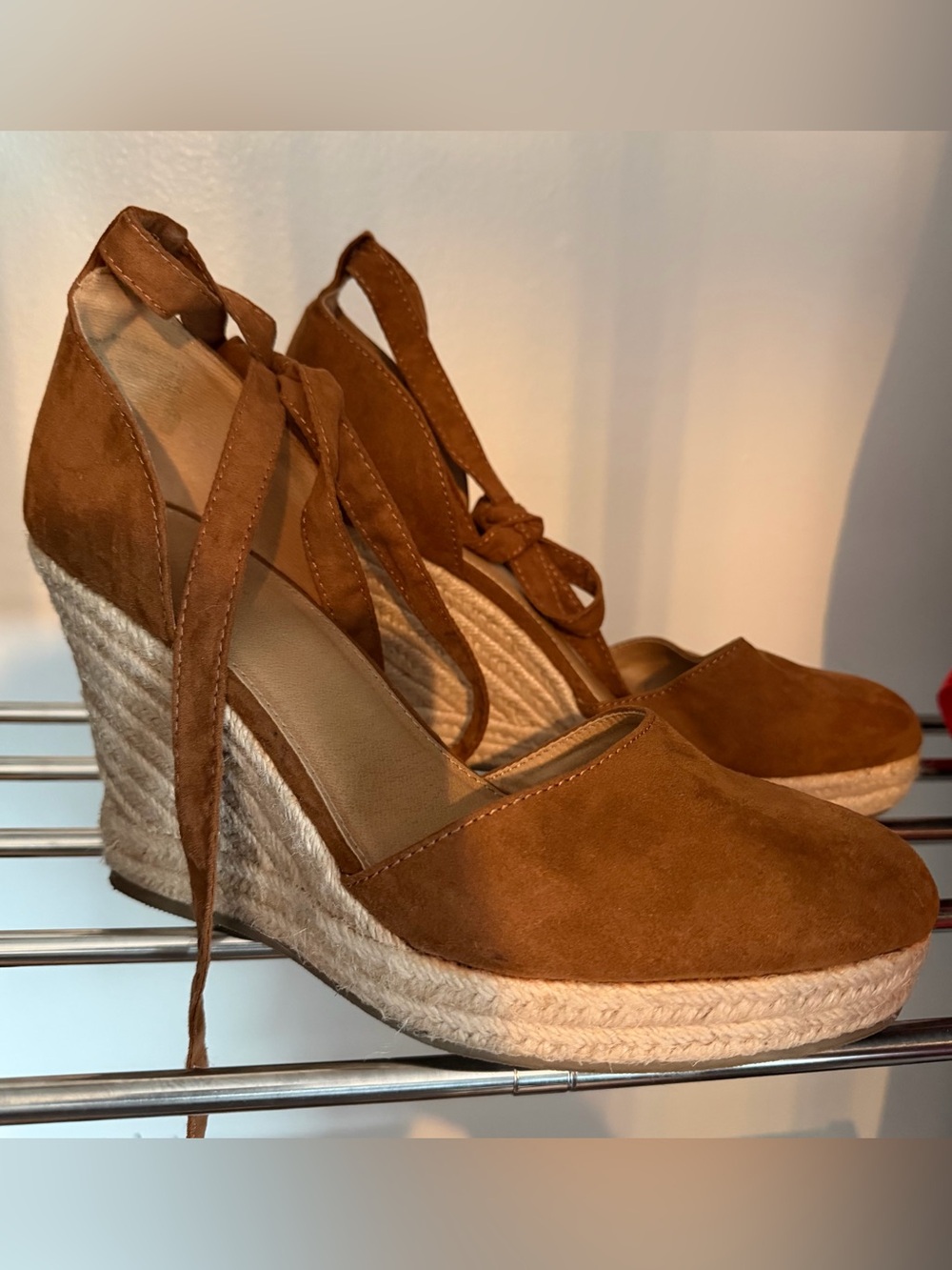 Brash Tan Suede Espadrille Wedges with Ankle Tie